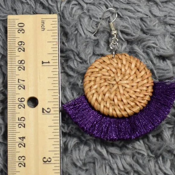 Boho Purple and Wicker Woven Earrings - Picture 4 of 7